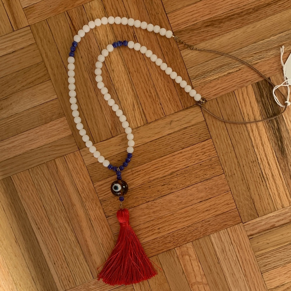 23” Evil Eye + Moon Stone Necklace w/ Red Silk Tassel - UNWORN!